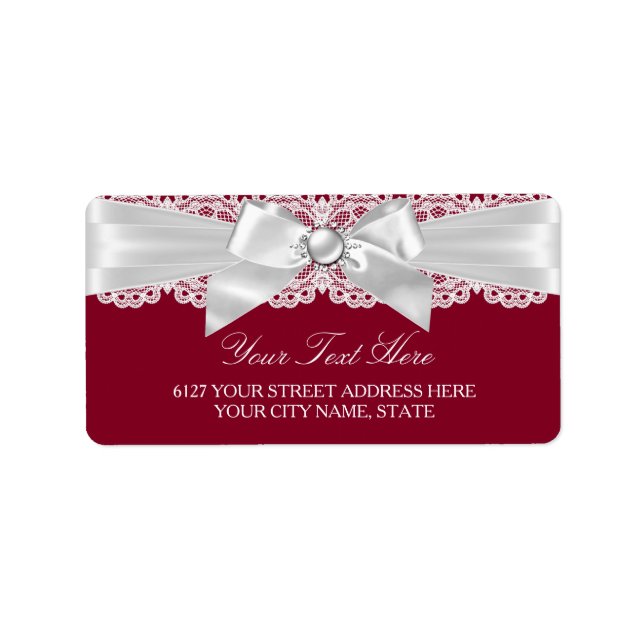 Burgundy Red White Wedding Pearl Bow Address Label (Front)