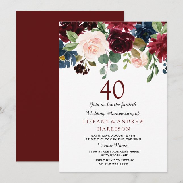 Burgundy Red Wine 40th Wedding Anniversary Invite (Front/Back)