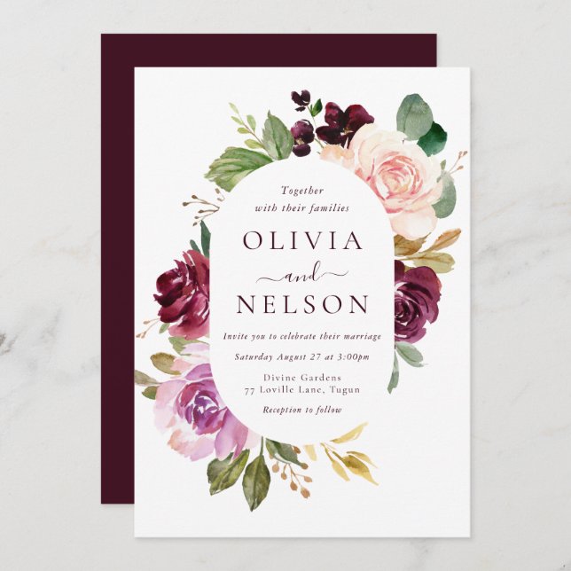 Burgundy Red Wine & Blush Floral Frame Wedding Invitation (Front/Back)