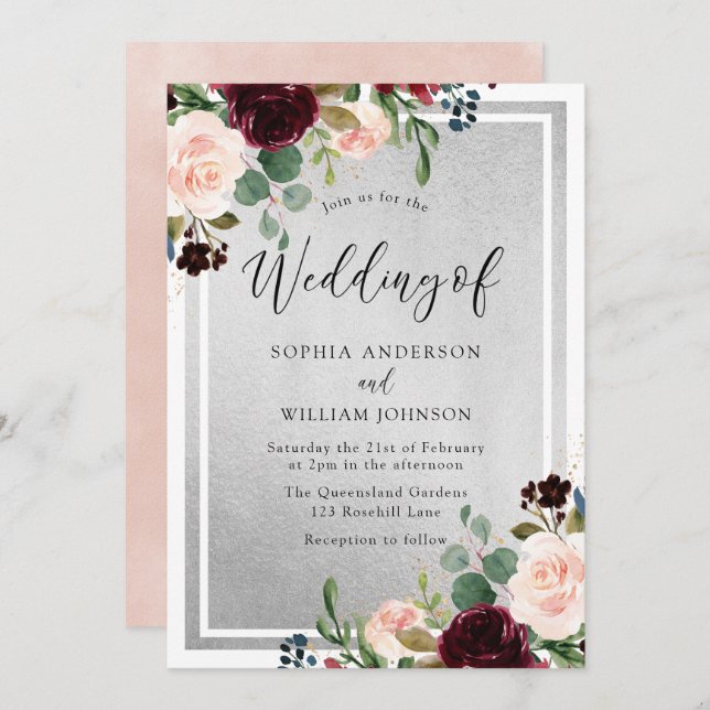 Burgundy Red Wine Blush Flowers & Silver Wedding Invitation (Front/Back)