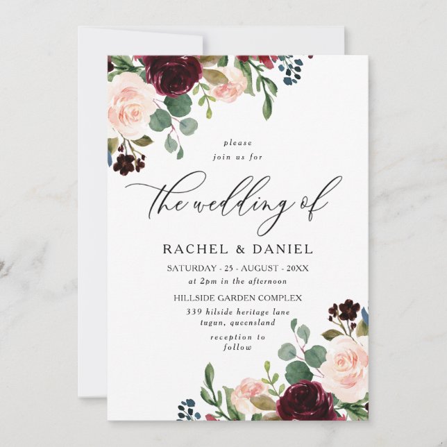 Burgundy Red Wine & Blush Modern Wedding Invitation (Front)