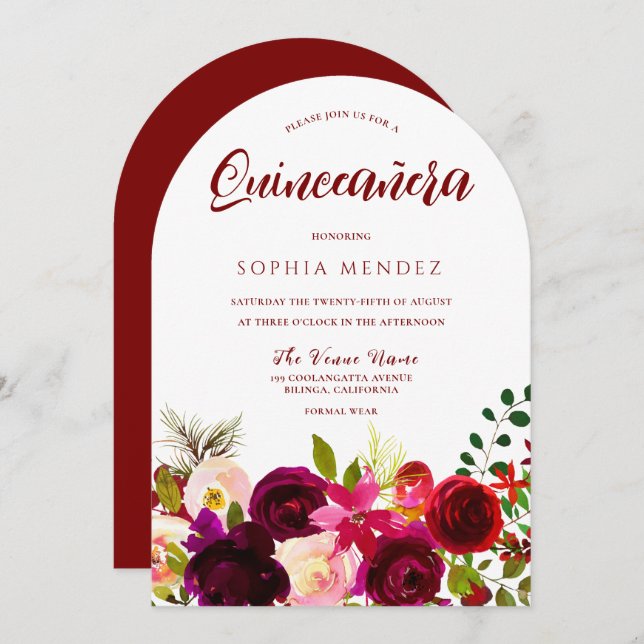 Burgundy Red Wine Boho Floral Quinceanera Invitation (Front/Back)