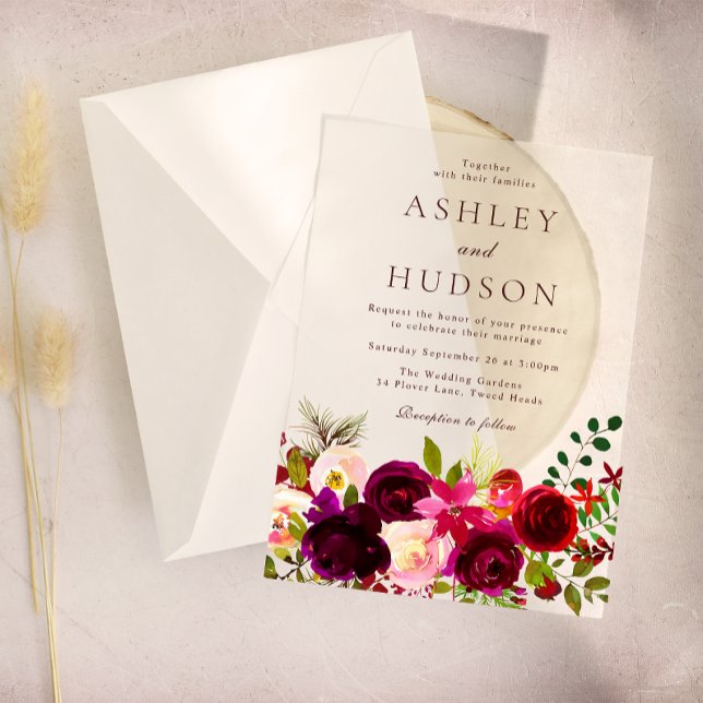 Burgundy Red Wine Boho Floral Wedding Acrylic Invitations (Creator Uploaded)