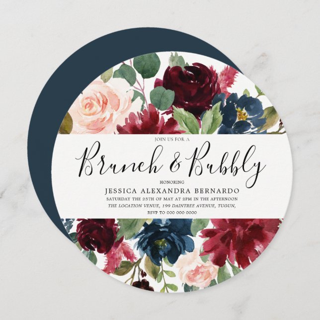 Burgundy Red Wine Brunch & Bubbly Bridal Shower Invitation (Front/Back)