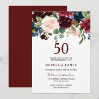 Burgundy Red Wine Floral 50th Birthday Invite