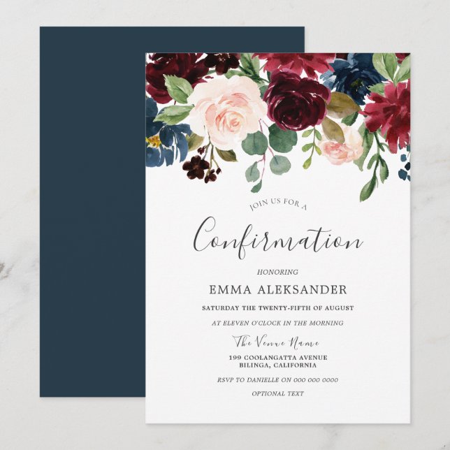 Burgundy Red Wine Floral Confirmation Invitation (Front/Back)