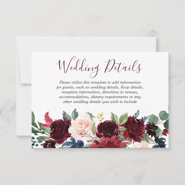 Burgundy Red Wine Flowers Elegant Wedding Details RSVP Card (Front)