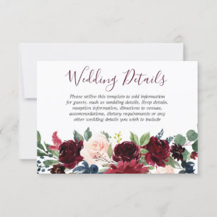 Burgundy Red Wine Flowers Elegant Wedding Details RSVP Card