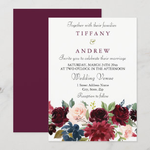 Burgundy Red Wine Flowers Elegant Wedding Invite