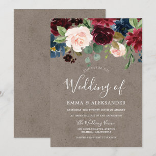 Burgundy Red Wine Flowers Modern Wedding Invite