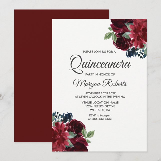 Burgundy Red Wine Flowers Quinceanera Party Invite (Front/Back)