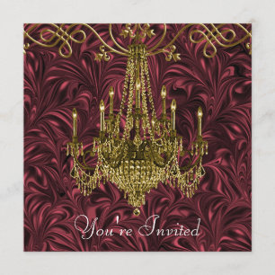 Burgundy Red Wine Gold Chandelier Party Invitation