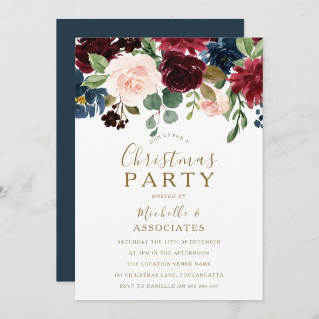 Burgundy Red Wine Gold Christmas Party Invite (Front/Back)