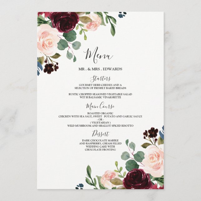 Burgundy Red Wine Watercolor Floral All Occasions Menu (Front)