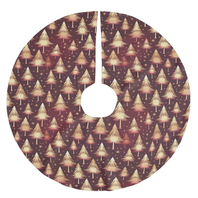 BURGUNDY RED WITH MODERN GOLD CHRISTMAS TREES BRUSHED POLYESTER TREE SKIRT (Front)