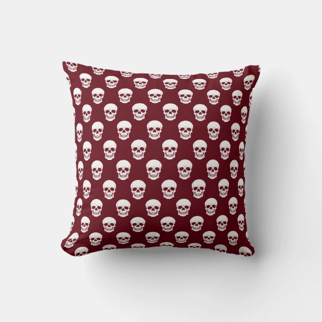 Burgundy Red With White Skull Pattern Halloween Cushion (Front)