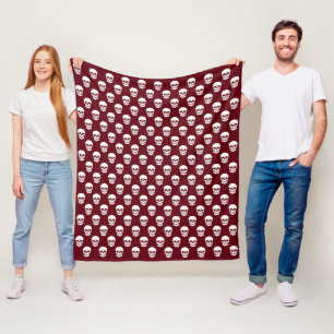 Burgundy Red With White Skulls Pattern Halloween Fleece Blanket