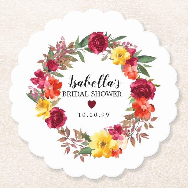 Burgundy Red, Yellow Orange Floral Bridal Shower M Paper Coaster (Front)