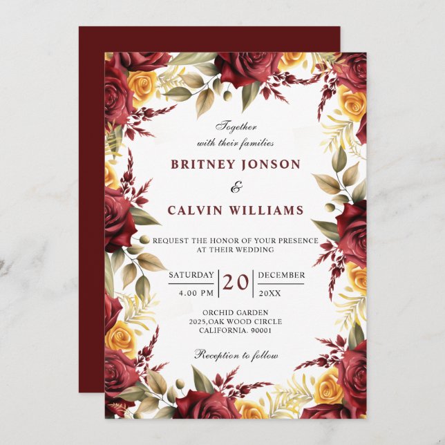 Burgundy Red Yellow Roses Floral Elegant Wedding Invitation (Front/Back)