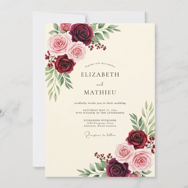 Burgundy Refined Botanical Wedding Invitation (Front)
