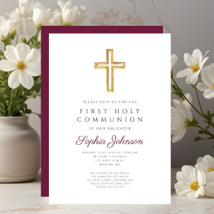 Burgundy Religious Cross Girl First Holy Communion Invitation