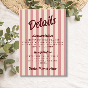 Burgundy Retro Blush Pink Stripes Wedding Details Enclosure Card