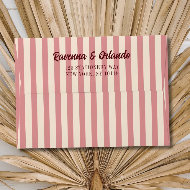 Burgundy Retro Blush Pink Stripes Wedding Envelope (Creator Uploaded)
