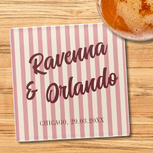 Burgundy Retro Blush Pink Stripes Wedding Glass Coaster
