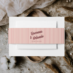 Burgundy Retro Blush Pink Stripes Wedding Invitation Belly Band