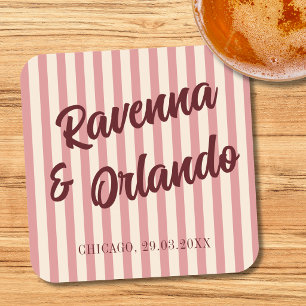 Burgundy Retro Blush Pink Stripes Wedding Square Paper Coaster