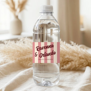Burgundy Retro Blush Pink Stripes Wedding Water Bottle Label