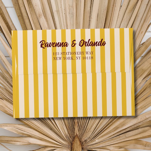 Burgundy Retro Muted Peach Stripe Wedding Envelope (Creator Uploaded)