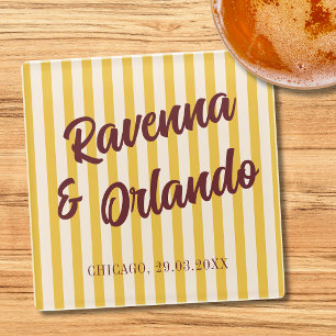 Burgundy Retro Muted Peach Stripe Wedding Glass Coaster