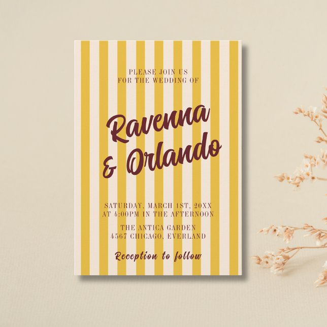 Burgundy Retro Muted Peach Stripe Wedding Invitation (Creator Uploaded)