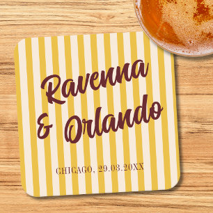 Burgundy Retro Muted Peach Stripe Wedding Square Paper Coaster