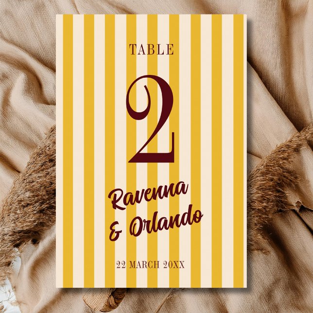 Burgundy Retro Muted Peach Stripe Wedding Table Number (Creator Uploaded)