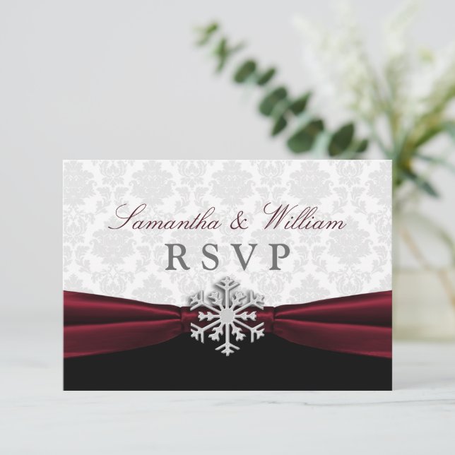 Burgundy Ribbon Winter Wedding RSVP Card (Standing Front)