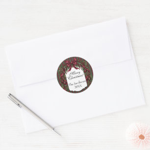 Burgundy Ribbons & Bow Merry Christmas Garland Classic Round Sticker