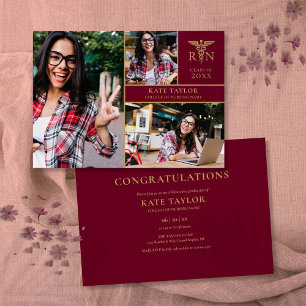 Burgundy RN Nursing 3 Photo Graduation Party Invitation