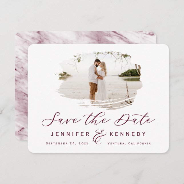 Burgundy Romantic Brushed Frame with Photo Save The Date (Front/Back)