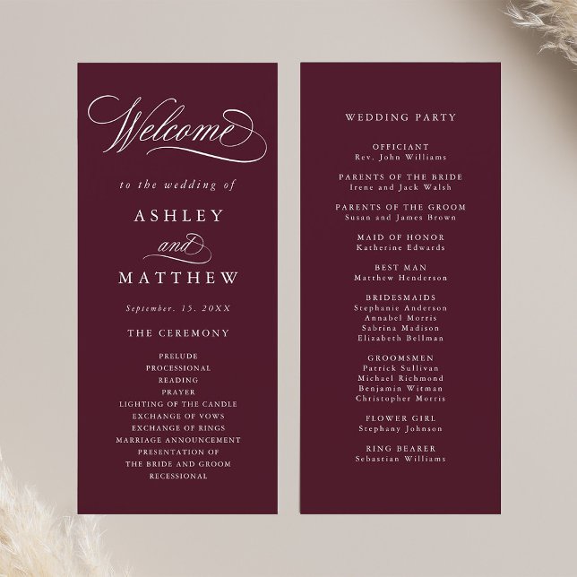 Burgundy Romantic Calligraphy Wedding Ceremony Programme (Front & Back)