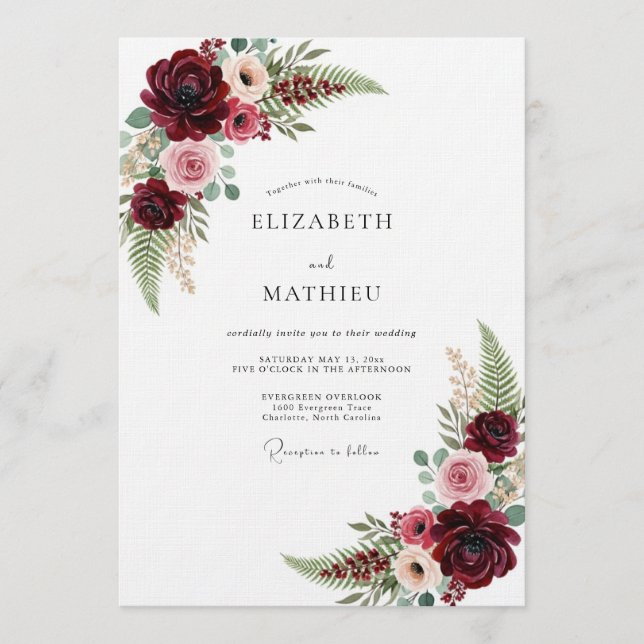 Burgundy Romantic Floral Brushstroke Wedding Invitation (Front)