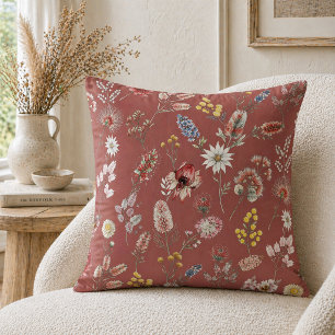 Burgundy Romantic Moody Watercolor Wildflowers Cushion