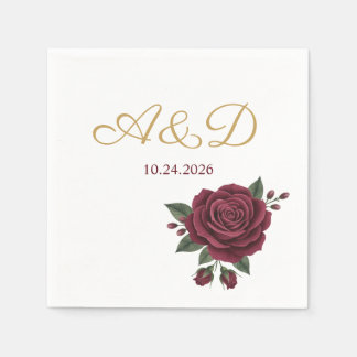Burgundy Rose and Gold Foil Wedding Monogram Napki Napkin