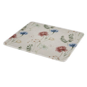 Burgundy Rose Blue White Flowers Butterfly Cutting Board