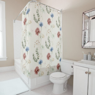 Burgundy Rose Blue White Flowers Butterfly Shower Curtain
