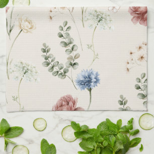 Burgundy Rose Blue White Flowers Butterfly Tea Towel