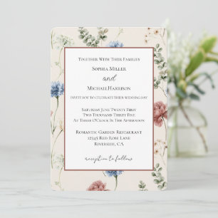Burgundy Rose Blue White Flowers Butterfly Wedding Invitation