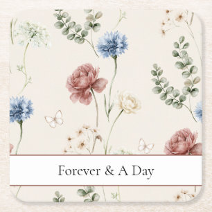 Burgundy Rose Blue White Flowers Butterfly Wedding Square Paper Coaster