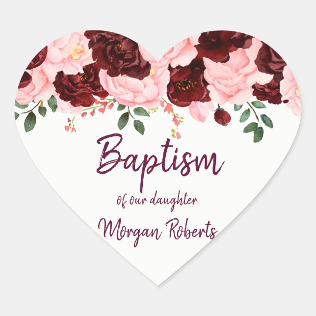 Burgundy Rose Blush Pink Floral Baby Girl Baptism Heart Sticker (Front)